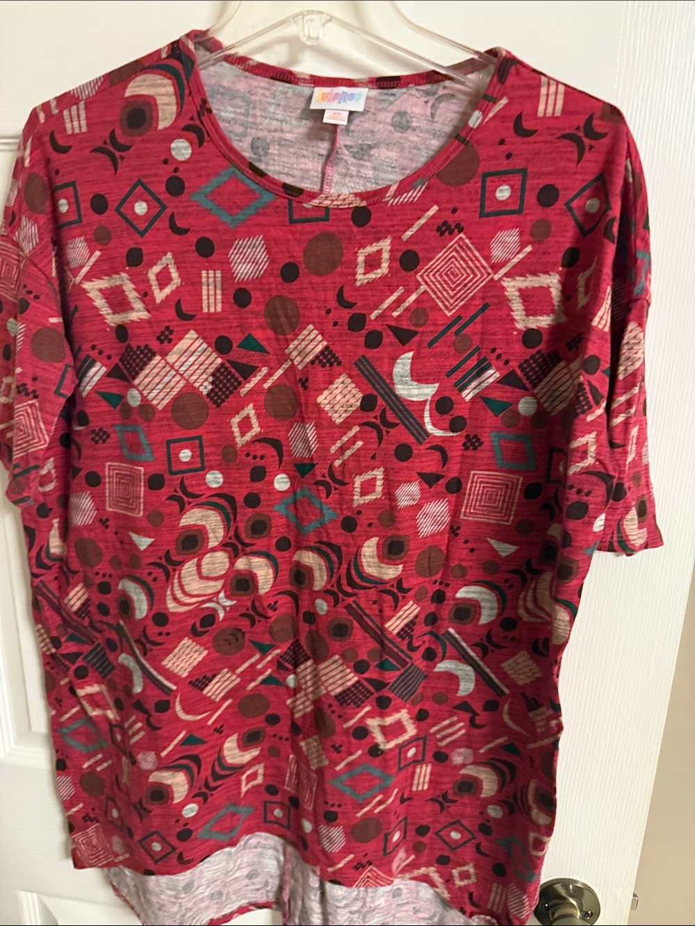 LuLaRoe Red Geometric & Teal Accent Short Sleeve Top